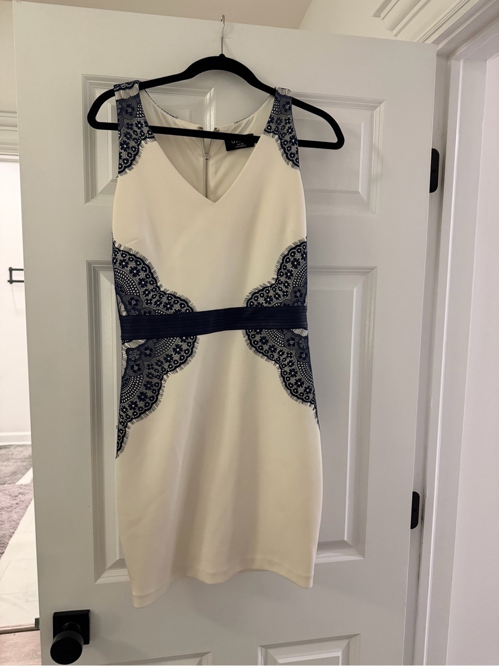 Guess-Sleeveless White Dress with Navy Lace Accents